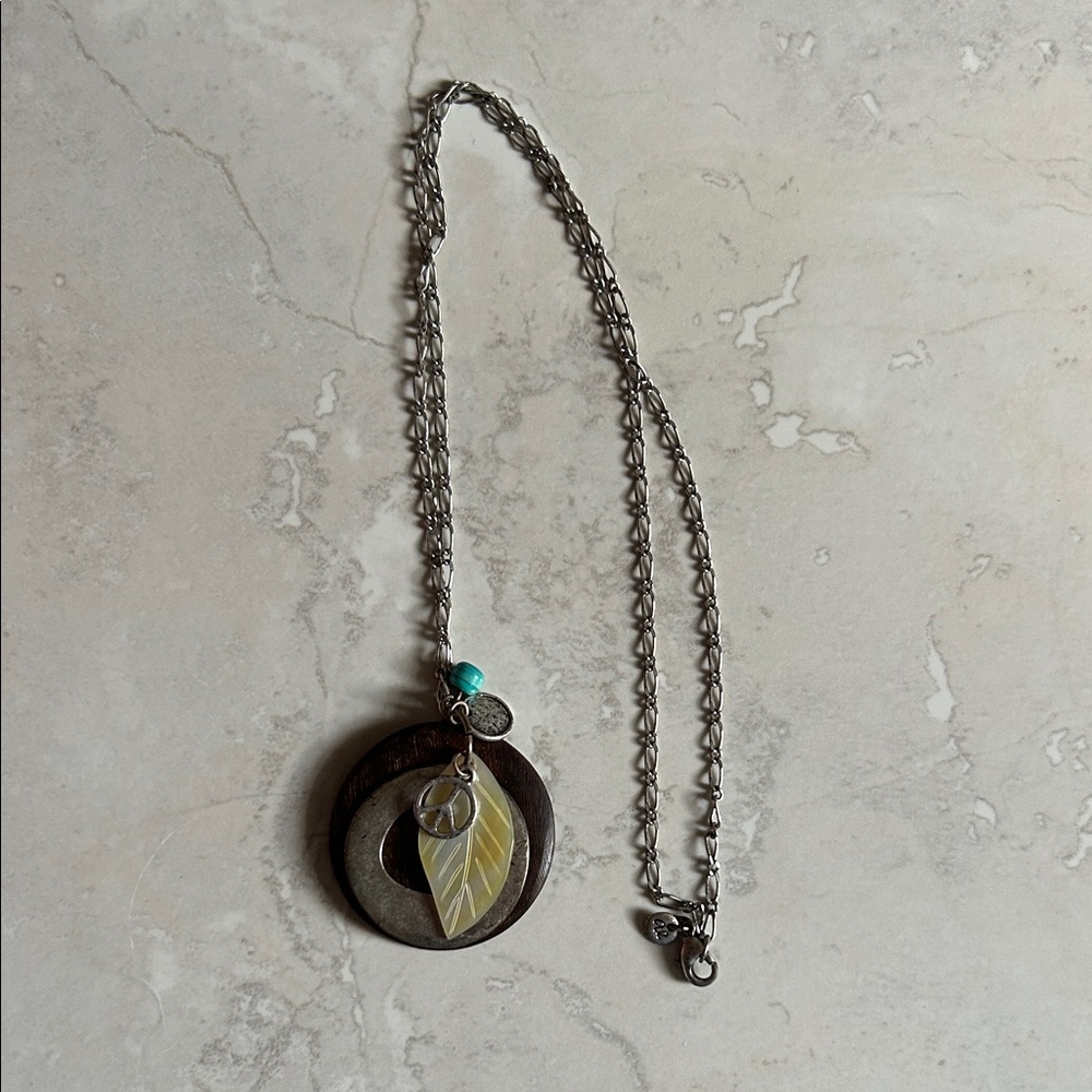 American Eagle Charm Pendant Necklace Silver Tone Boho Peace Sign Shell Leaf